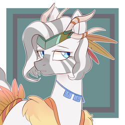 Size: 1500x1500 | Tagged: safe, artist:waackery, oc, oc only, oc:zelie, pony, zebra, bust, colored, feather, female, horns, jewelry, looking at you, mare, necklace, portrait, solo, tribal, zebra oc
