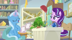 Size: 1920x1080 | Tagged: safe, screencap, phyllis, starlight glimmer, trixie, pony, unicorn, a horse shoe-in, g4, arrogant, bookshelf, duo, eyes closed, female, frown, glowing horn, headmare starlight, hoof on chest, horn, interview, magic, magic aura, mare, narrowed eyes, open mouth, philodendron, plant, raised eyebrow, raised hoof, scroll, sitting, smiling, starlight glimmer is not amused, starlight's office, unamused, unimpressed