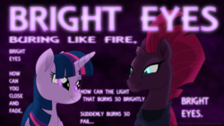 Size: 3840x2160 | Tagged: safe, artist:ejlightning007arts, tempest shadow, twilight sparkle, alicorn, pony, unicorn, g4, my little pony: the movie, armor, art garfunkel, bright eyes (song), broken horn, cute, eye scar, female, high res, horn, lesbian, looking at each other, scar, ship:tempestlight, shipping, song reference, text, twilight sparkle (alicorn)