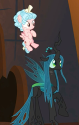 Size: 448x710 | Tagged: safe, screencap, cozy glow, queen chrysalis, changeling, changeling queen, pegasus, pony, g4, the summer sun setback, belly, cropped, duo, female, filly, foal