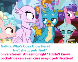 Size: 1280x1030 | Tagged: safe, edit, edited screencap, screencap, auburn vision, berry blend, berry bliss, cozy glow, gallus, ocellus, silverstream, griffon, a matter of principals, g4, student counsel, the ending of the end, leak, a better ending for cozy, discovery family logo, friendship student, implied edith