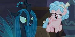 Size: 1366x678 | Tagged: safe, screencap, cozy glow, queen chrysalis, g4, the summer sun setback, cozy glow is not amused, foal, queen chrysalis is not amused, unamused