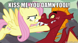 Size: 600x337 | Tagged: safe, edit, edited screencap, screencap, fluttershy, garble, dragon, pegasus, pony, g4, sweet and smoky, boop, caption, female, fluttertsun, garbleshy, image macro, kiss me, male, mare, memeful.com, nose to nose, nose wrinkle, noseboop, shipping, straight, text, tsundere