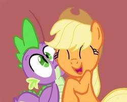 Size: 512x412 | Tagged: safe, artist:pinkievaliente, applejack, spike, earth pony, pony, g4, cute, female, happy, hug, jackabetes, male, mare, ship:applespike, shipping, show accurate, spikelove, straight