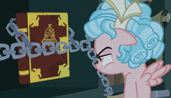 Size: 1234x704 | Tagged: safe, screencap, cozy glow, pegasus, pony, g4, the summer sun setback, book, chains, cozy glow is not amused, female, filly, foal, solo, unamused