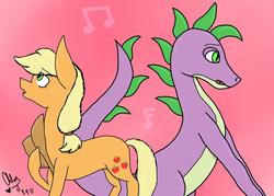 Size: 1024x732 | Tagged: safe, artist:sylveon13, applejack, spike, dragon, earth pony, pony, g4, duet, female, hat off, male, mare, music notes, older, older spike, ship:applespike, shipping, singing, straight