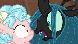 Size: 1280x720 | Tagged: safe, screencap, cozy glow, queen chrysalis, changeling, pegasus, pony, frenemies (episode), g4, angry, boop, female, filly, former queen chrysalis