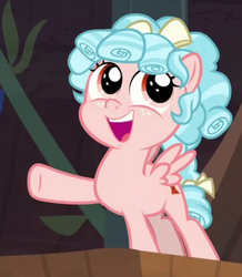 Size: 366x420 | Tagged: safe, screencap, cozy glow, pegasus, pony, frenemies (episode), g4, cozy glow is best facemaker, cozybetes, cropped, cute, female, filly, foal, freckles, happy, open mouth, raised leg, solo