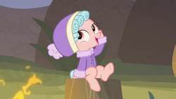 Size: 1280x720 | Tagged: safe, screencap, cozy glow, pony, frenemies (episode), g4, clothes, cozybetes, cute, female, solo, tree stump, winter outfit