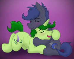 Size: 3500x2788 | Tagged: safe, artist:dripponi, oc, oc only, oc:bluemoon, oc:hoodoo, earth pony, pony, unicorn, blushing, cuddling, cute, eyes closed, gay, happy, high res, love, male, stallion