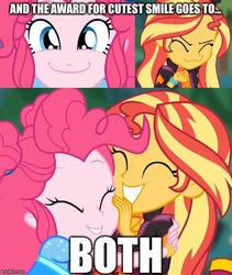 Size: 500x592 | Tagged: safe, edit, edited screencap, screencap, pinkie pie, sunset shimmer, equestria girls, g4, my little pony equestria girls: better together, wake up!, wake up!: pinkie pie, cute, hug, smiling