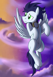 Size: 1064x1550 | Tagged: safe, artist:dripponi, soarin', pegasus, pony, g4, belly button, cute, flying, goggles, looking back, male, missing cutie mark, silly, silly pony, solo, stallion, stupid sexy soarin, sunset, wonderbolts