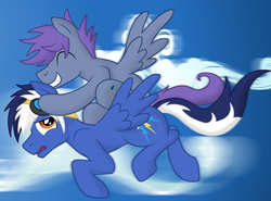 Size: 3000x2214 | Tagged: safe, artist:dripponi, oc, oc:blue blaze, oc:windy dripper, pegasus, pony, duo, flying, goggles, high res, male, riding on back, sky, stallion, wings