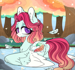 Size: 2768x2586 | Tagged: safe, artist:myfantasy08, oc, oc only, oc:emerald feathers, pegasus, pony, bedroom eyes, big eyelashes, butt fluff, chest fluff, cloud, colored wings, ear fluff, eyeshadow, feather, female, flower, heart eyes, high res, lake, looking at you, looking back, looking back at you, makeup, mare, multicolored mane, multicolored tail, multicolored wings, offspring, parent:oc:phoenix feathers, parent:oc:rosa ruby, parents:oc x oc, raised tail, rock, solo, spread wings, tail, tree, water, wingding eyes, wings