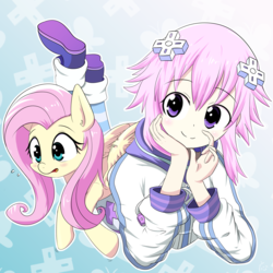 Size: 3400x3399 | Tagged: safe, artist:yinglung, fluttershy, human, pony, g4, crossover, duo, duo female, embarrassed, female, high res, human female, hyperdimension neptunia, mare, neptune (hyperdimension neptunia), smiling