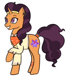 Size: 740x850 | Tagged: safe, artist:cherrycandi, artist:goldengirlsytp, saffron masala, pony, unicorn, g4, clothes, ear piercing, earring, female, jewelry, piercing, rare mare, smiling, tail wrap