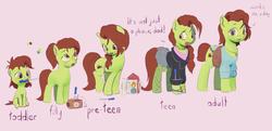 Size: 2162x1044 | Tagged: safe, artist:drafthoof, oc, oc only, oc:oil drop, pony, age progression, baby, baby pony, female, filly, fishnets, freckles, it's not a phase, mare, mouth hold, saddle bag, screwdriver, solo