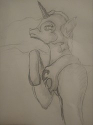 Size: 1927x2594 | Tagged: safe, artist:joey012, nightmare moon, pony, g4, female, monochrome, pencil drawing, raised leg, solo, traditional art