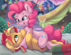 Size: 1920x1500 | Tagged: safe, artist:tikrs007, pinkie pie, sunset shimmer, earth pony, pony, unicorn, g4, cuddling, cute, diapinkes, female, floppy ears, lesbian, licking, licking lips, looking at each other, mare, misleading thumbnail, on top, party cave, shimmerbetes, ship:sunsetpie, shipping, smiling, tongue out