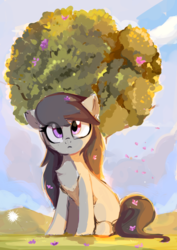 Size: 1428x2016 | Tagged: safe, artist:aureai, octavia melody, earth pony, pony, g4, :<, chest fluff, cloud, cute, ear fluff, female, flower, looking up, mare, scenery, sitting, solo, tavibetes, tree