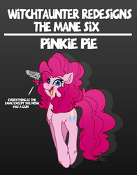 Size: 4000x5100 | Tagged: safe, artist:witchtaunter, part of a set, pinkie pie, earth pony, pony, g4, absurd resolution, chest fluff, cute, diapinkes, ear fluff, female, gradient background, gun, happy, joke, jumping, leg fluff, open mouth, pinkie logic, prehensile mane, redesign, smiling, solo, weapon, xk-class end-of-the-world scenario