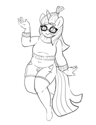 Size: 2000x2600 | Tagged: safe, artist:leslers, moondancer, unicorn, anthro, g4, chubby, clothes, female, glasses, high res, lineart, plump, simple background, solo, white background