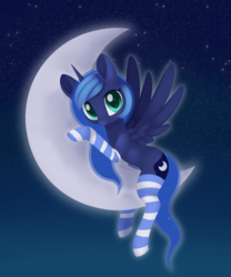Size: 1856x2232 | Tagged: safe, artist:dusthiel, princess luna, alicorn, pony, g4, blushing, clothes, crescent moon, cute, cutie mark, ethereal mane, ethereal tail, female, looking at you, lunabetes, mare, moon, on the moon, smiling, socks, solo, striped socks, tail, tangible heavenly object, transparent moon