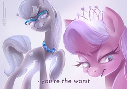 Size: 1280x903 | Tagged: safe, artist:greyredroy, diamond tiara, silver spoon, earth pony, pony, g4, bully, duo, female, filly, looking at you, raised hoof, smiling, smirk, text