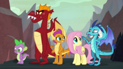 Size: 1920x1080 | Tagged: safe, screencap, fluttershy, garble, princess ember, smolder, spike, dragon, pegasus, pony, g4, sweet and smoky, dragoness, female, male, mare