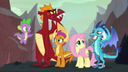 Size: 1920x1080 | Tagged: safe, screencap, fluttershy, garble, princess ember, smolder, spike, dragon, pegasus, pony, g4, sweet and smoky, dragoness, female, male, mare, winged spike, wings