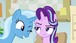 Size: 1920x1080 | Tagged: safe, screencap, starlight glimmer, trixie, pony, unicorn, a horse shoe-in, g4, female, mare, one eye closed, starlight glimmer is not amused, unamused, wink