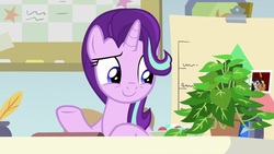 Size: 1920x1080 | Tagged: safe, screencap, octavia melody, phyllis, starlight glimmer, pony, unicorn, a horse shoe-in, g4, female, mare, philodendron, photo, plant, raised eyebrow, raised hoof, sentimental value, smiling, solo, starlight's office, talking to objects, underhoof