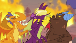 Size: 1920x1080 | Tagged: safe, screencap, billy, clump, spear (g4), dragon, g4, sweet and smoky, fire, male, teenaged dragon, trio