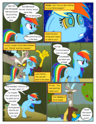 Size: 612x792 | Tagged: safe, artist:newbiespud, edit, edited screencap, screencap, discord, rainbow dash, draconequus, pegasus, pony, comic:friendship is dragons, g4, the return of harmony, angry, annoyed, apple, bipedal, comic, dialogue, female, food, frown, hedge maze, hoofy-kicks, kaa eyes, male, mare, mind control, screencap comic, smiling, smirk, tree