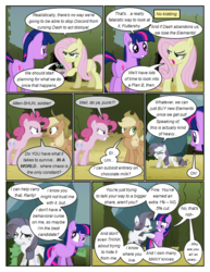 Size: 612x792 | Tagged: safe, artist:newbiespud, edit, edited screencap, screencap, applejack, fluttershy, pinkie pie, rarity, tom, twilight sparkle, earth pony, pegasus, pony, unicorn, comic:friendship is dragons, the return of harmony, angry, comic, dialogue, discorded, earth pony twilight, female, flower, flutterbitch, freckles, frown, greedity, gritted teeth, hat, hedge maze, injured, liarjack, mare, raised hoof, screencap comic, scrunchy face, smiling, sweat