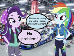 Size: 1024x768 | Tagged: safe, edit, vector edit, rainbow dash, starlight glimmer, equestria girls, g4, beanie, beanie hat, car, clothes, hat, mixed media, museum, nissan, nissan heritage museum, ripped pants, speech bubble, text, torn clothes, vector