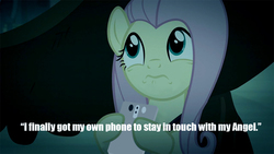Size: 1000x563 | Tagged: safe, edit, edited screencap, screencap, fluttershy, pegasus, pony, g4, scare master, caption, cellphone, female, image macro, mare, phone, scared, smartphone, solo, text