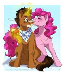 Size: 841x950 | Tagged: safe, artist:hazurasinner, pinkie pie, oc, oc:copper plume, earth pony, pony, unicorn, g4, blushing, canon x oc, commission, commissioner:imperfectxiii, copperpie, female, food, freckles, glasses, glowing horn, horn, ice cream, ice cream cone, licking, magic, magic aura, male, mare, messy eating, neckerchief, one eye closed, shipping, simple background, stallion, straight, telekinesis, tongue out, transparent background
