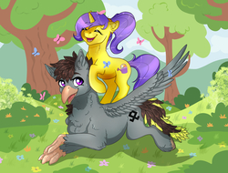 Size: 2154x1638 | Tagged: safe, artist:ali-selle, oc, oc:luxor, oc:tulipan, butterfly, classical hippogriff, hippogriff, pony, unicorn, cute, happy, ocbetes, tree