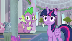 Size: 1366x768 | Tagged: safe, screencap, spike, twilight sparkle, alicorn, dragon, pony, g4, uprooted, concerned, twilight sparkle (alicorn), winged spike, wings