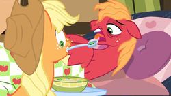 Size: 1366x768 | Tagged: safe, screencap, applejack, big macintosh, earth pony, pony, g4, growing up is hard to do, bed, bowl, female, food, freckles, male, mare, mouth hold, pillow, sick, spoon, stallion