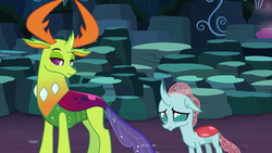 Size: 1366x768 | Tagged: safe, screencap, ocellus, thorax, tree of harmony, changedling, changeling, g4, uprooted, cave of harmony, changeling king, deadpan expression, displeased, duo, female, frown, horns, king thorax, lidded eyes, male, teenager, thorax is not amused