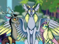 Size: 1032x774 | Tagged: safe, artist:radioactivepotato123, derpy hooves, discord, fluttershy, draconequus, pegasus, pony, g4, colored wings, colored wingtips, draconequified, female, male, mare, smiling, species swap, sweet feather sanctuary, trio