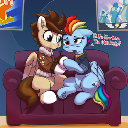 Size: 4084x4084 | Tagged: safe, artist:pabbley, rainbow dash, oc, oc:skittle, pegasus, pony, g4, the last problem, belly button, canon x oc, clothes, coat, coat markings, couch, dialogue, female, hoof hold, male, mare, older, older rainbow dash, open mouth, shirt, sitting, skidash, socks (coat markings), stallion, straight, underhoof