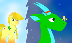 Size: 3386x2048 | Tagged: safe, artist:dyonys, oc, oc:fridis, oc:lemon macaron, dragon, pony, braid, cute, fangs, female, gradient hooves, high res, horns, male, mare, size comparison, size difference, smiling