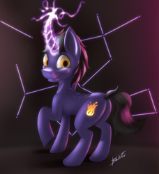 Size: 3376x3696 | Tagged: safe, artist:blakefox, oc, oc only, oc:comet flare, pony, unicorn, big horn, commission, constellation, freckles, high res, horn, looking back, magic, solo, yellow eyes