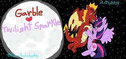 Size: 1303x613 | Tagged: safe, artist:elzathehedgehog, garble, twilight sparkle, alicorn, dragon, pony, g4, blushing, female, male, ship:twigarble, shipping, straight, twilight sparkle (alicorn)