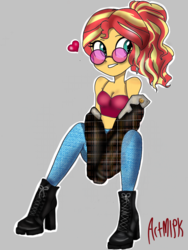 Size: 768x1024 | Tagged: safe, artist:artmlpk, sunset shimmer, equestria girls, g4, alternate hairstyle, bare shoulders, boots, bra, breasts, busty sunset shimmer, clothes, crop top bra, cute, design, fashion, female, hoodie, jacket, jeans, midriff, pants, ponytail, shimmerbetes, shoes, sitting, sleeveless, solo, sunglasses, trendy style, underwear