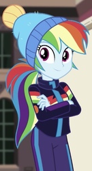 Size: 396x732 | Tagged: safe, screencap, rainbow dash, blizzard or bust, equestria girls, equestria girls series, g4, holidays unwrapped, spoiler:eqg series (season 2), cropped, crossed arms, cute, dashabetes, female, solo, winter outfit