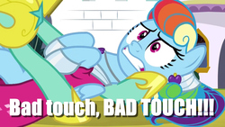 Size: 1920x1080 | Tagged: safe, edit, edited screencap, screencap, rainbow dash, zephyr breeze, pegasus, pony, g4, my little pony: friendship is magic, sparkle's seven, alternate hairstyle, armor, bad touch, caption, ear piercing, earring, female, image macro, jewelry, male, mare, megaradash, on back, personal space invasion, piercing, royal guard, royal guard zephyr breeze, solo focus, stallion, text